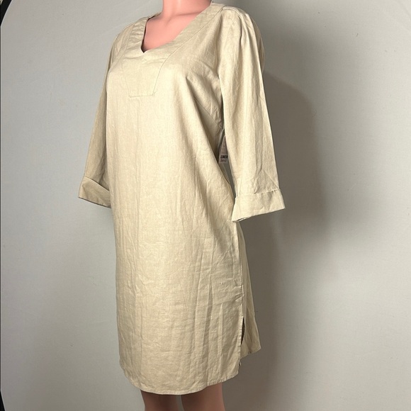 For Cynthia Womens Linen Shift Dress  3/4 Sleeve Beige Minimalist  Size  Medium - Picture 1 of 10